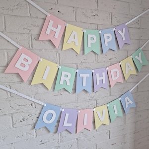 Benutzerdefinierte alles Gute zum Geburtstag Banner, personalisierte Pastellfarben Geburtstag Dekorationen, Pastellfarben Geburtstag Party Dekor Mädchen