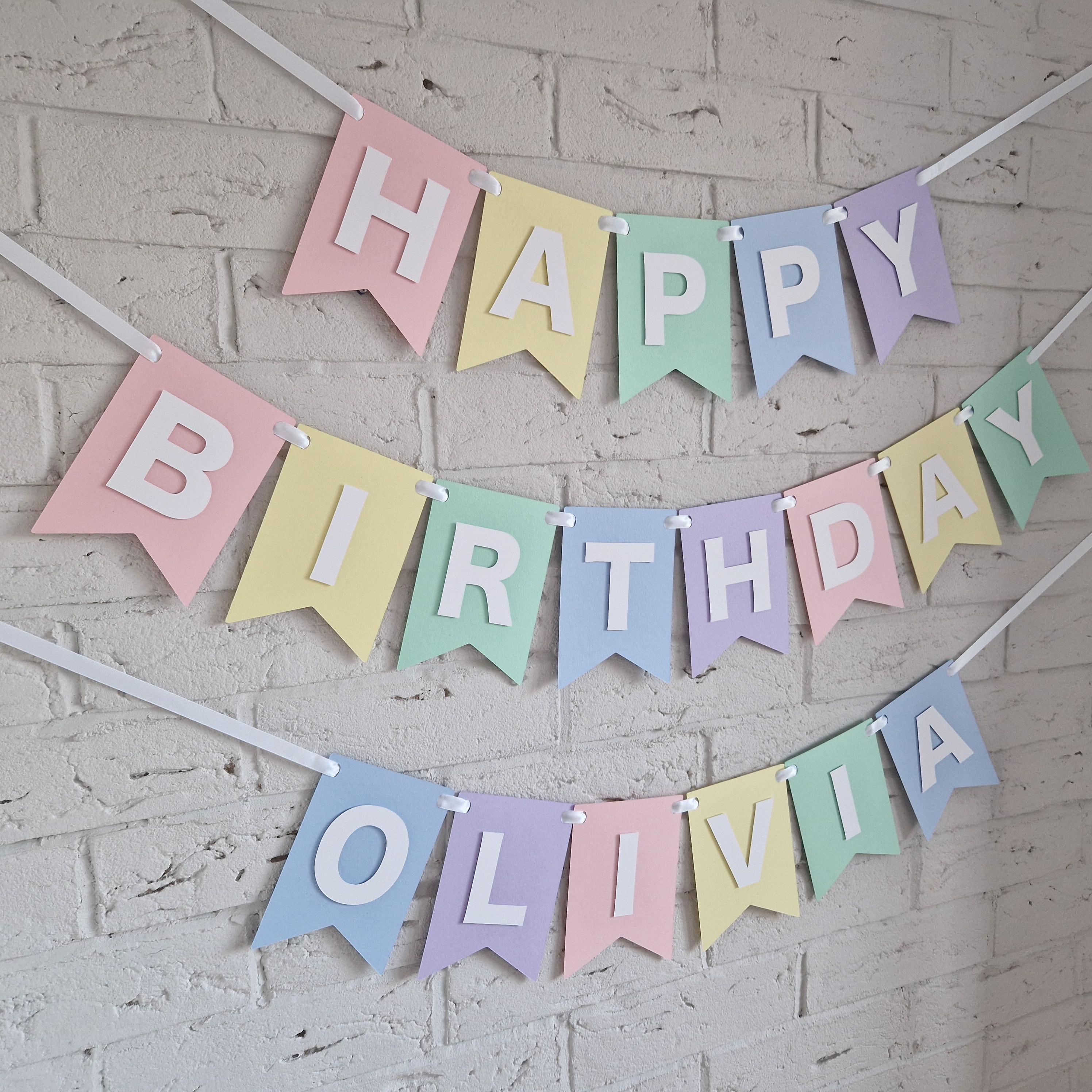 Custom happy birthday banner, personalised pastel rainbow birthday decorations, pastel colors birthday party decor girl