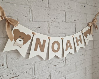 Baner urodzinowy z imieniem misia, dekoracja na pierwsze urodziny misia, spersonalizowane dekoracje na pierwsze urodziny chłopca w kolorze niebieskim i brązowym z motywem misia