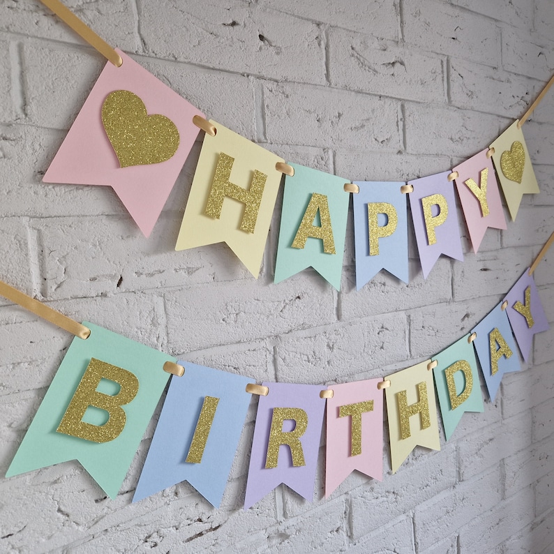 Pastel happy birthday banner, pastel birthday decorations, Pastel theme party decor Hearts