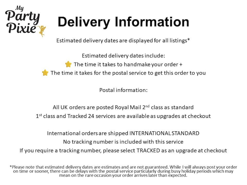 Peut inclure: Informations de livraison pour les articles faits &agrave; la main. Les dates de livraison estim&eacute;es comprennent le temps n&eacute;cessaire pour fabriquer la commande et le temps n&eacute;cessaire au service postal pour livrer la commande. Toutes les commandes au Royaume-Uni sont exp&eacute;di&eacute;es par Royal Mail 2nd class en standard. Les services 1st class et Tracked 24 sont disponibles en tant que mises &agrave; niveau au moment du paiement. Les commandes internationales sont exp&eacute;di&eacute;es par INTERNATIONAL STANDARD. Aucun num&eacute;ro de suivi n'est inclus avec ce service. Si vous avez besoin d'un num&eacute;ro de suivi, veuillez s&eacute;lectionner TRACKED comme mise &agrave; niveau au moment du paiement.