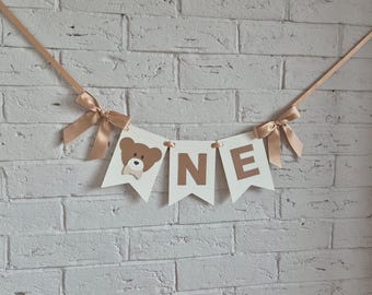 Teddy bear first birthday high chair banner with ribbons, boho teddy bear theme 1st birthday party decor, Beary first one banner decoration