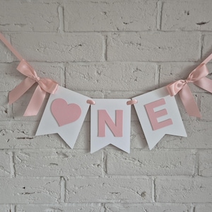 First birthday high chair banner - pink and white heart theme 1st birthday girl party décor