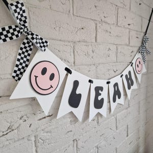 One happy girl birthday banner, pink one happy babe retro smiley face birthday party decor, black and white checkered  first birthday decor
