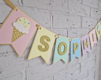 Ice cream birthday party name banner, ice cream decor, ice cream birthday party, two sweet summer party ideas, sweet one cake smash