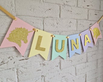 Banner con nombre de unicornio pastel: Decoración para fiesta de cumpleaños