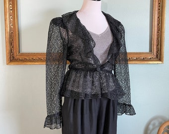 Vintage 70s/80s black lace peplum blouse | vintage sheer black lace jacket