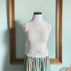 Vintage 90s Ann Taylor ivory stretch lace tank top | vintage lace camisole | 90s sheer lace tank top