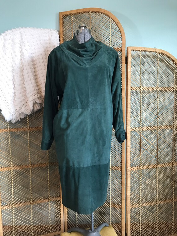 Vintage 1980s green suede cowl neck dress by Bill… - image 3