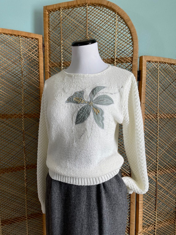 Vintage 1980s Liana Petites white knit sweater wit