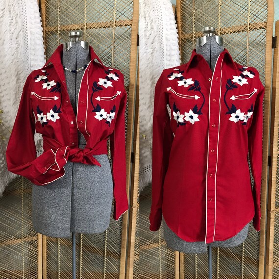 Vintage 1970's does 30's TemTex red floral embroid