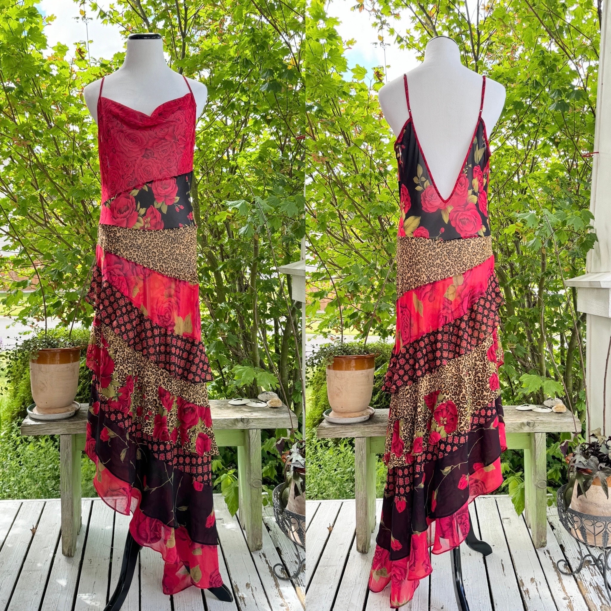 victoria secret asymmetrical dress Vintage 2002 Victoria's Mixed Leopard and Rose Print Bias Cut Tiered Hem Slip Nightgown | Vintage Victorias Secret crystal chains for optimum collection:small-bust WDIRARA Women's Ruched Square Size:42