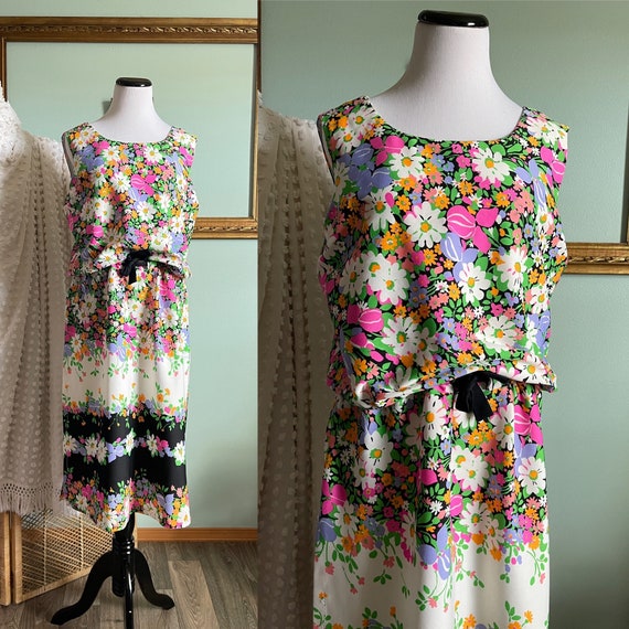 Vintage 1970s floral sleeveless tunic dress by Woodi | vintage floral summer dress | 70s floral swim coverup | 70s tunic dress