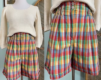 Vintage 80s/90s Miss Ferrucci's high waist bright plaid shorts | 80s plaid shorts | rainbow plaid shorts