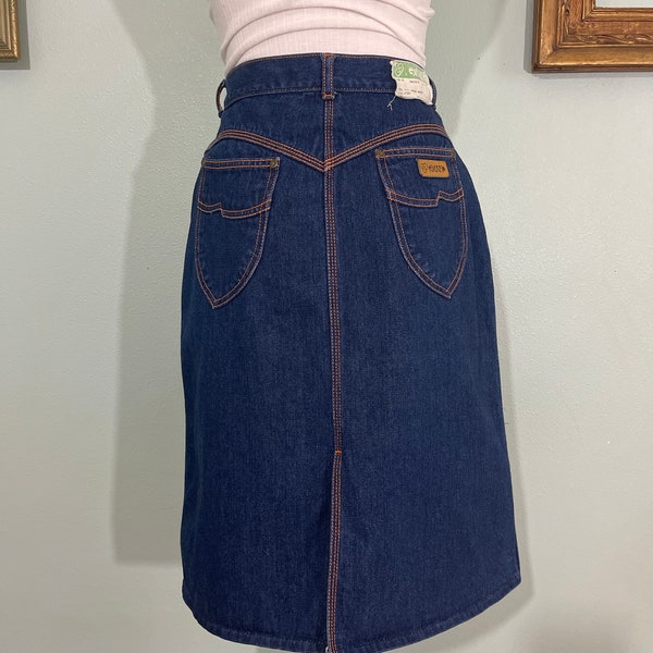 Vintage 1980s PS by Gitano denim midi skirt | vintage blue denim skirt with orange stitching | vintage denim skirt | vintage blue jean skirt