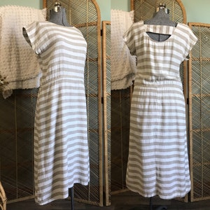 Vintage 40&quot; bust Arthur Max textured linen/ cotton striped day dress | vintage lagenlook summer dress | minimalist midi dress