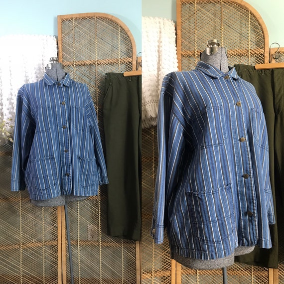 1990's striped denim workwear jacket, barn coat, c