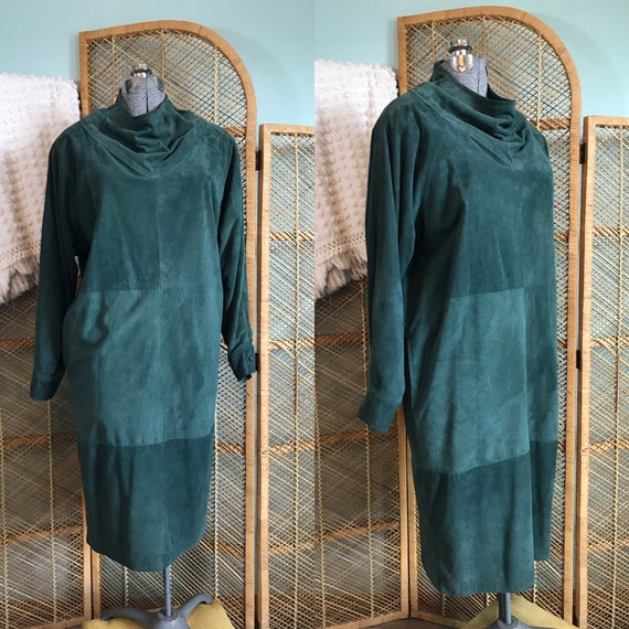 Vintage 1980s green suede cowl neck dress by Bill… - image 1