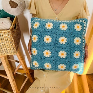 Granny Blue Square Floral Cushion Cover, Crochet Pillow Case,Crochet Cushions Cover,Outdoor Cushion,Decorative Pillows,Crochet Throw Pillow