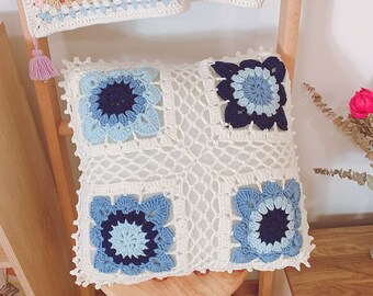 Gebreide Blauwe Oma Vierkant Bloemen Kussen Cover Gehaakte Kussenst Haak Kussens Outdoor Kussen Decoratieve Kussens Gehaakte Kussen