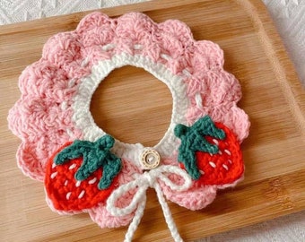 Crochet Pink Pet Collar, Strawberry Cat Collar, Adjustable Strap