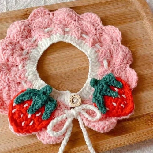 Crochet Adjustable Pink Pet With Strawberry Collar Cat Collar Etsy