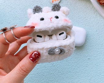 Funda de AirPods de oveja peluda tejida, funda de AirPods de crochet, funda de auriculares de crochet, funda para AirPods Pro, funda bonita para AirPods, funda de AirPods amigurumi