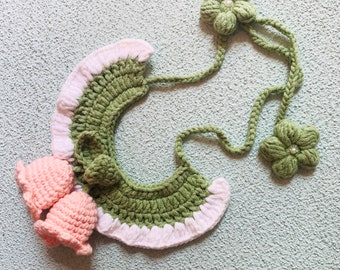 Handmade Crochet Bell Orchid Cat Collar, Adjustable Pet Accessory