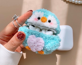 Gehaakte pluizige pinguïn Airpod-hoesje pluche Airpods Pro-hoesje Airpod-hoesje schattige Airpod-hoes hoofdtelefoon beschermhoes handgemaakt cadeau voor meisjes