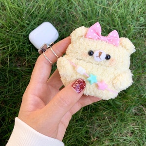 Crochet Fluffy Bear Airpod Case Plush Airpods Pro Case Pink Bow Airpod Case Cute Airpod Cover AirPods Gen 3 Case