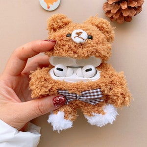 Estuche para Airpods con forma de oso, estuche de peluche para auriculares, estuche para auriculares con forma de animal, estuche para Airpods Pro, estuche para Airpods con forma de animal, estuche tejido para Airpods