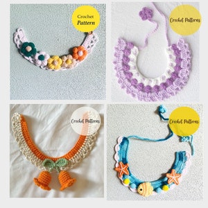 May include: Four crocheted necklaces with different designs. The first necklace is white with pink and yellow flowers. The second necklace is purple and white with a scalloped edge. The third necklace is beige, orange, and brown with two orange bells. The fourth necklace is blue and white with a fish and starfish design.