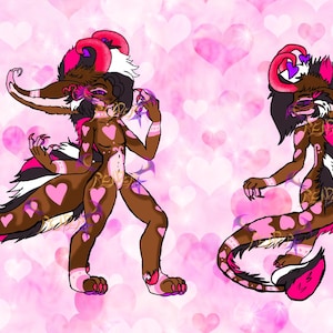 May include: Two stylized creature illustrations with brown, white, and pink fur, adorned with heart patterns. The creatures have horns, long tails, and are set against a pink heart-filled background. The color palette includes shades of brown, pink, and white.