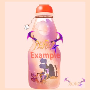 May include: A clear glass bottle with a red lid and a pink liquid inside. The bottle has a tag that says "Rare" and the word "Example" is written on the front. There are two purple and black wings on the bottle and a gold word "Reaper" is visible inside the bottle. Two cartoon animals are inside the bottle.