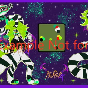 May include: A digital illustration of a green and white striped creature with a long, thin body and a large head. The creature has a long, pointed snout and sharp teeth. The creature is standing on its hind legs and has its arms raised in the air. The background is a purple and black galaxy with stars. The text "Example Not for Sale!" is written in red letters across the image.