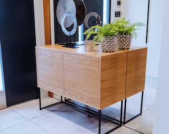 OPHIUM - chest of drawers with doors, console, chest of drawers with shelves, natural oak, black frame, cupboard, room, living room