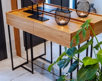 ESTELLE II - console met laden, ladekast, kaptafel, natuurlijk eikenhout, zwart frame, halladekast,