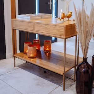 Penelope gold- console with drawers and shelf, chest of drawers, dressing table, natural oak, black frame, room, living room