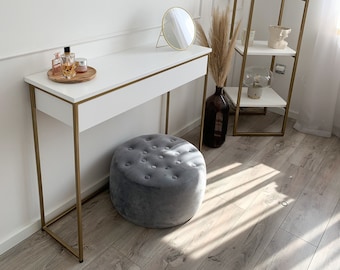 Esma-White kaptafel met gouden poten, console met lade, ladekast, witte kaptafel, gouden frame, bureau, make-up console