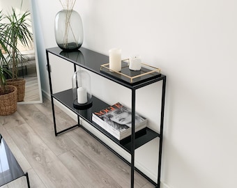 ZENOBIA - console avec plateau et étagère en verre, console en verre, verre noir, console avec étagère, console noire, coiffeuse, chambre, hall