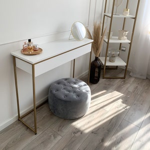 Esma-White kaptafel met gouden poten, console met lade, ladekast, witte kaptafel, gouden frame, bureau, make-up console