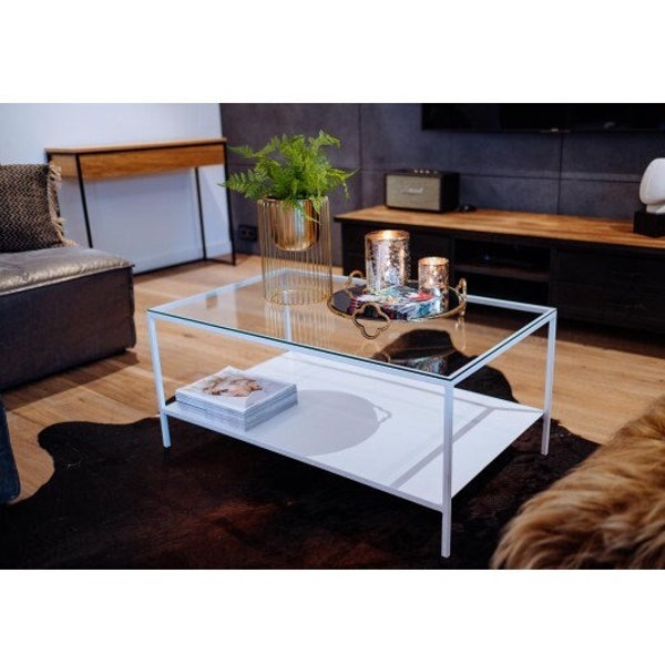 ROSE - table blanche avec plateau en verre, table basse, banc café, table blanche, salon, chambre, verre transparent