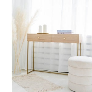 Clara- oak console with beige drawers, console with drawers, chest of drawers, dressing table, natural oak, golden frame. room, lounge