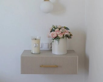 Hanging beige grooved nightstand with drawer, modern wall console, narrow dressing table for bedroom, living room, hallway, light wood