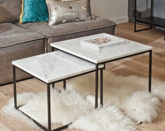 MONA- A set of tables with a marble top, coffee table, white marble, coffee table