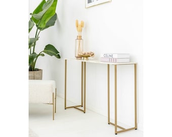 MOLY CALACATTA - glamourconsole met stenen blad, kaptafel, smalle console, gouden poten, ladekast, kamer, woonkamer, hal