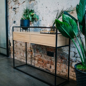 Violet- Console with drawers, chest of drawers, dressing table, black frame, natural oak, black frame, room, living room, hall