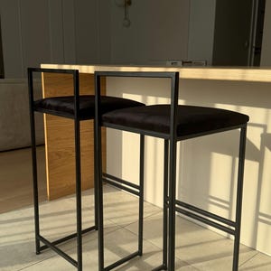 Modern bar stool with upholstered seat, black velvet stool, kitchen island chair, loft bar stool, high counter chair image 1