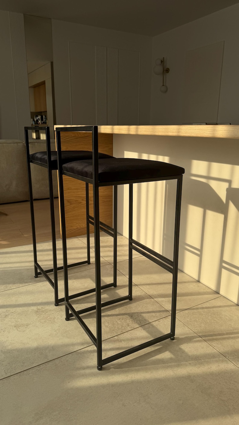 Modern bar stool with upholstered seat, black velvet stool, kitchen island chair, loft bar stool, high counter chair image 5