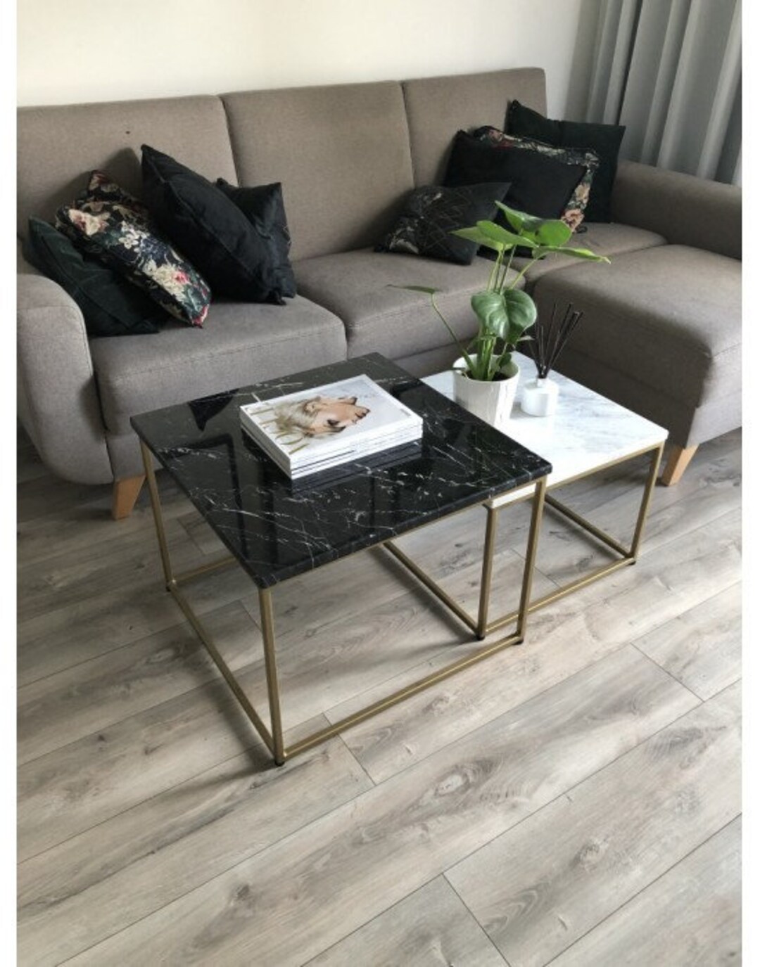 DUO a Set of Golden Tables With Marble Coffee Tables Etsy